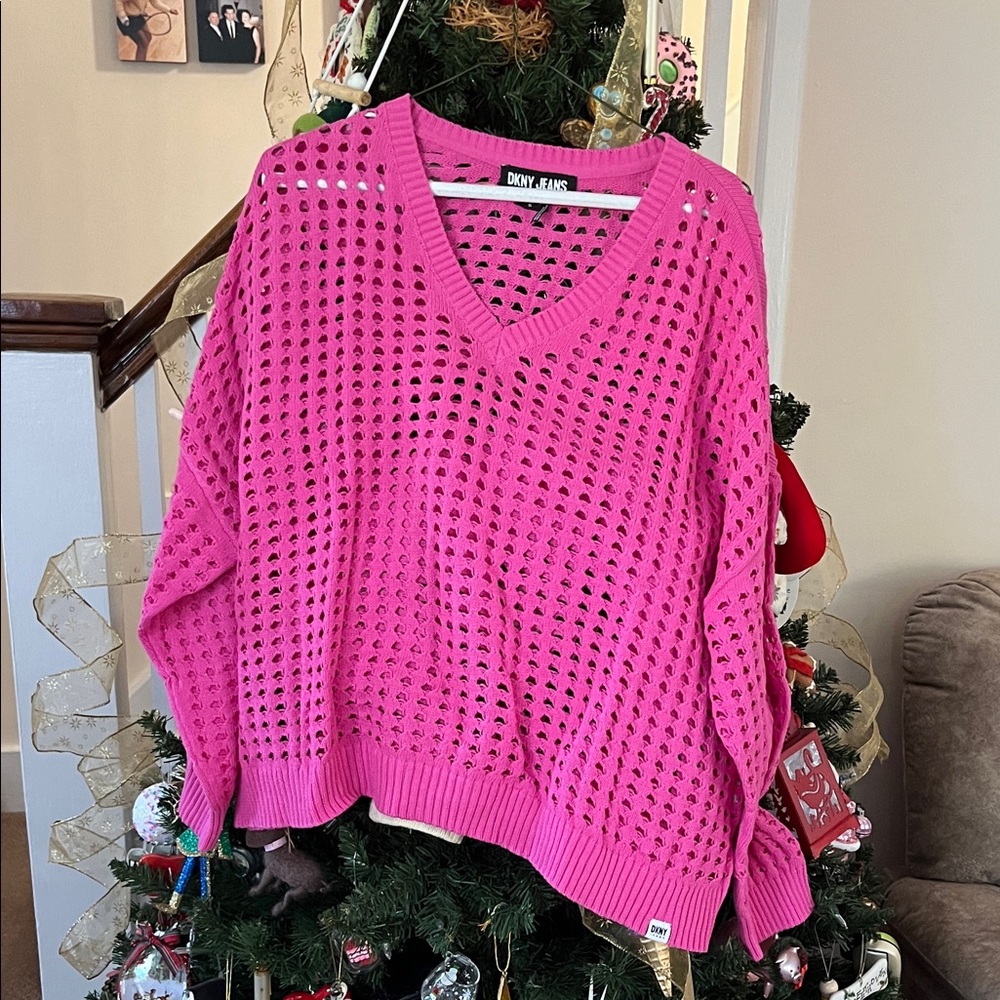 DKNY Women's V-Neck Sweater in Vibrant Pink